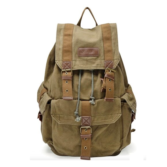 Classic Rucksack Canvas Large Backpack- Tan Unisex - Canvas Bag w/ Leather Trim - Picture 1 of 15